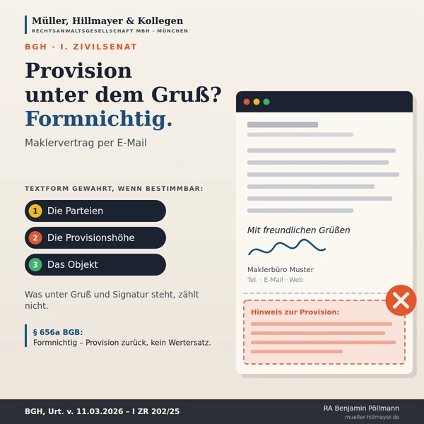 Infografik zum Beitrag: Maklervertrag per E-Mail: Textform, konkludenter Vertragsschluss und die Falle in der Signatur
