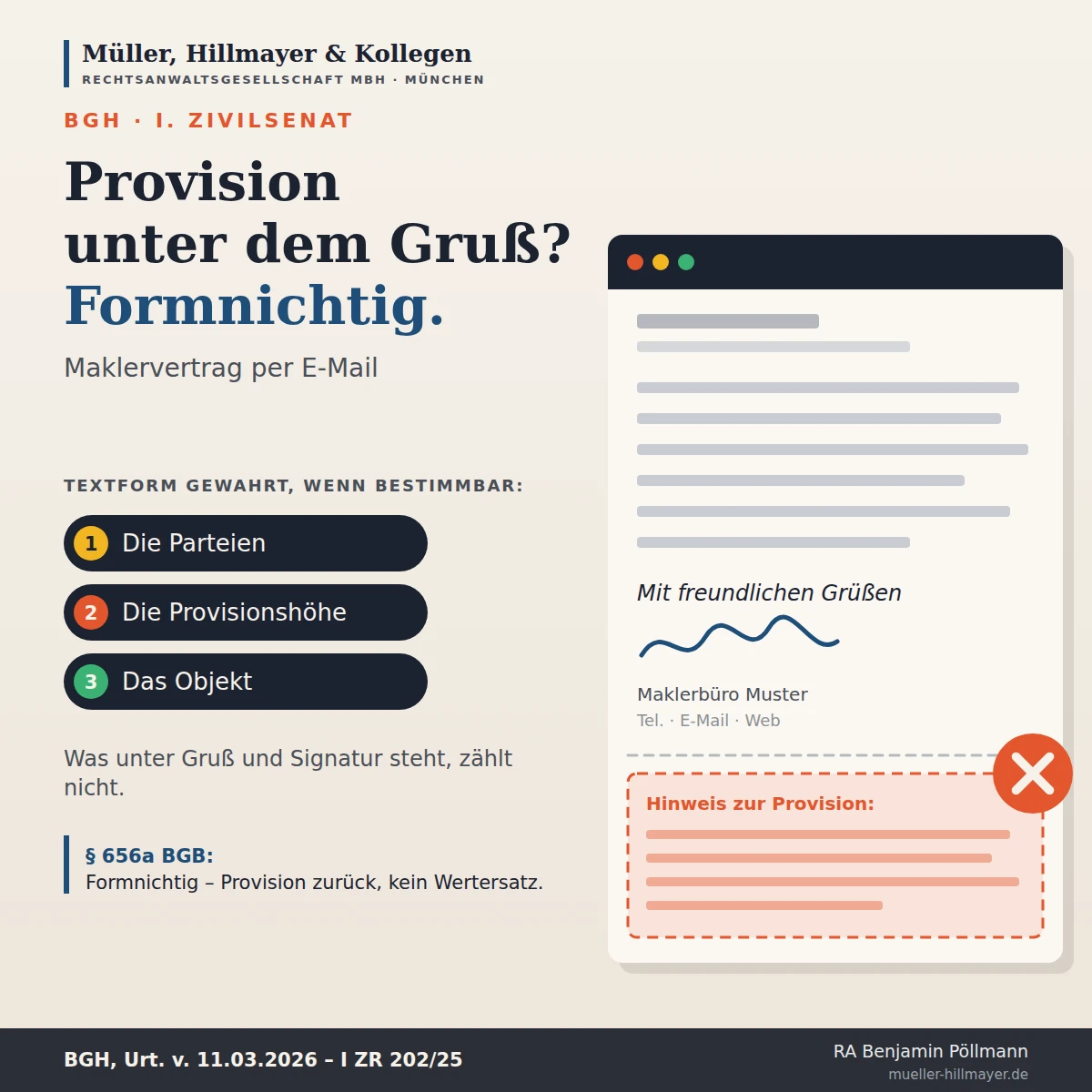 Infografik zum Beitrag: Maklervertrag per E-Mail: Textform, konkludenter Vertragsschluss und die Falle in der Signatur