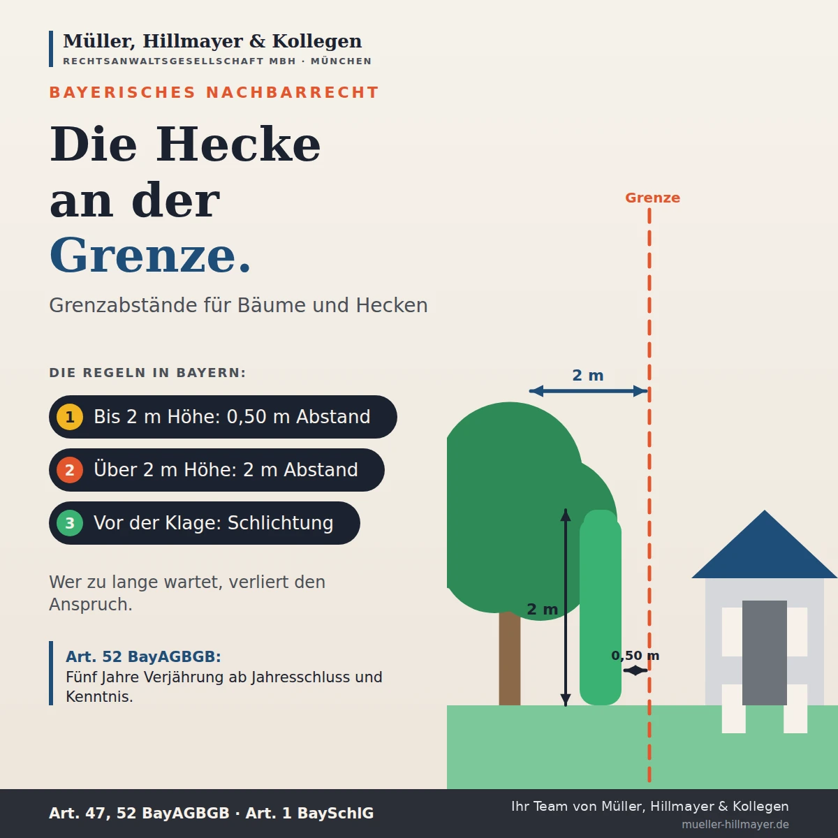 Infografik zum Beitrag: Grenzabstand von Bäumen und Hecken in Bayern